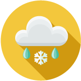 An illustration of a cloud with rain and snow below it on a yellow background.
