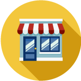 An illustration of a store front on a yellow circle.	