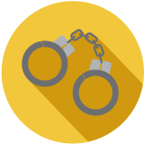 An illustration of a pair of gray handcuffs on a yellow background.