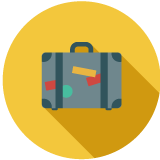 An illustration of a gray suitcase covered in stickers on a yellow background.