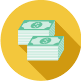 Illustration of two stacks of money on a yellow background.