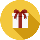 An illustration of a white giftbox wrapped in a red bow on a yellow background.