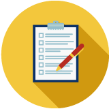 An illustration of a clipboard and a pen on a yellow background.