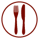 Red outline of a plate with a fork and knife in the middle