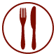 An illustration of a red fork and knife on a plate.