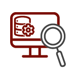 An illustration of a red monitor with a gear displaying on the screen and a grey magnifying glass in the bottom right corner. 