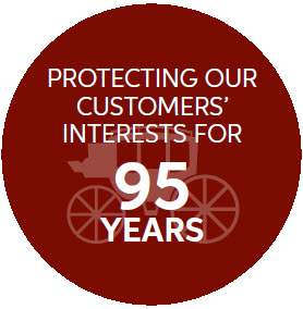 An illustration of a stage coach with white wording in front stating, "protecting our customers' interests for 95 years.